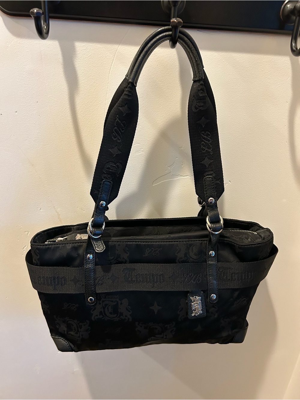 Black Designer Tote Bag with Patterned Jacquard Straps by Leonello Borghi